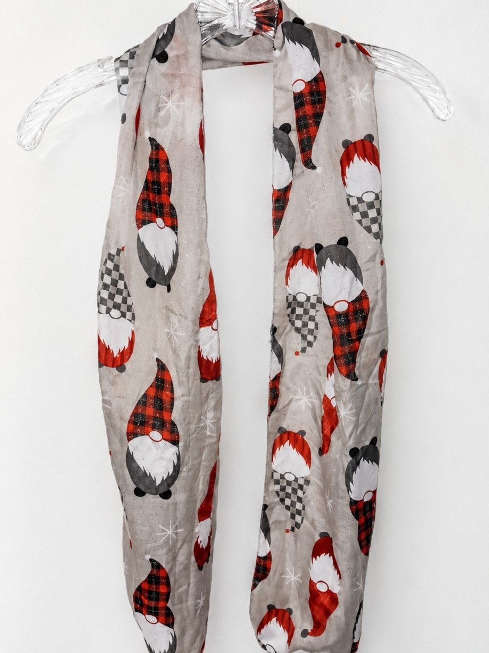 Holiday Gnome Print Scarf in Gray Silver and Red - Picture 2 of 3
